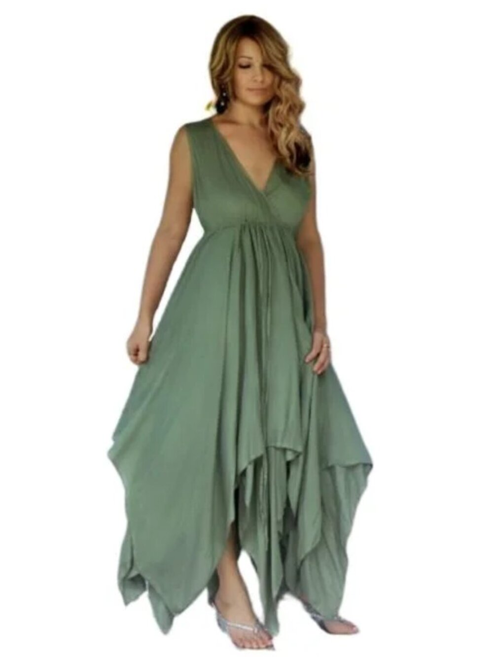 Boho Handkerchief Hem Maxi Dress in Sage Green - 3X